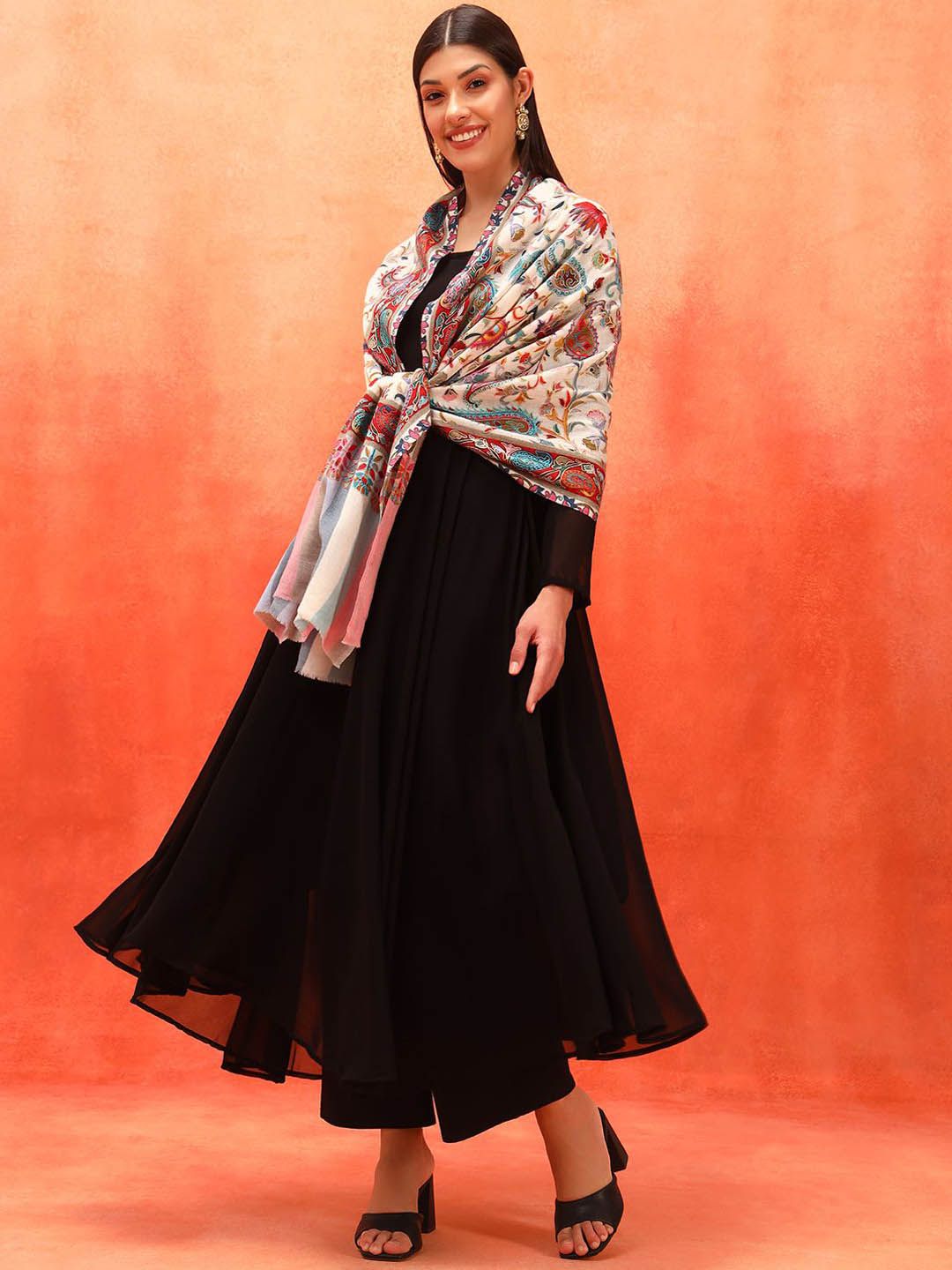 Dhiyona PA Naqqashi Pure Wool Kalamkari Paisley Embroidered Shawl