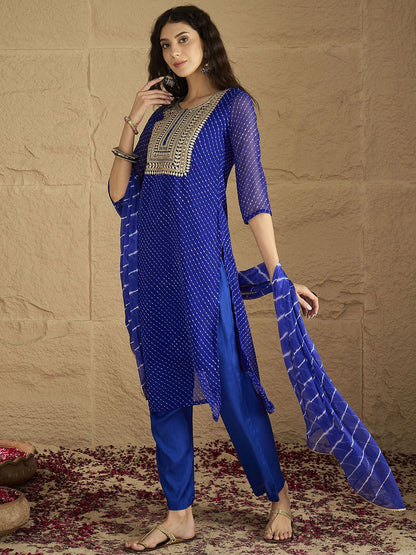Dhiyona VA Women'sBandhani Printed Silk Georgette Round Neck Straight Kurta With Trousers & Dupatta