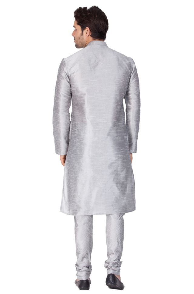 Men's Grey Silk Blend Straight Kurta Pyjama Set