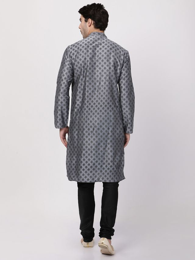 Men's Grey Cotton Blend Straight Kurta Pyjama Set