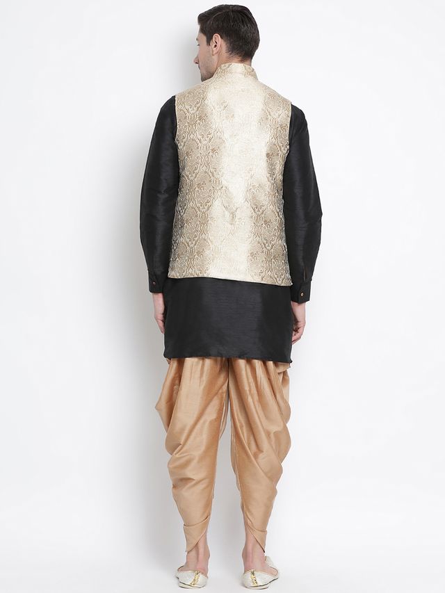 Men's Black Silk Blend Straight Jacket  Kurta and Dhoti Set