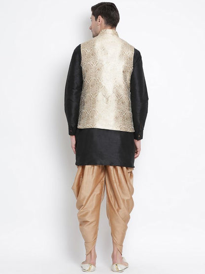 Men's Black Silk Blend Straight Jacket  Kurta and Dhoti Set