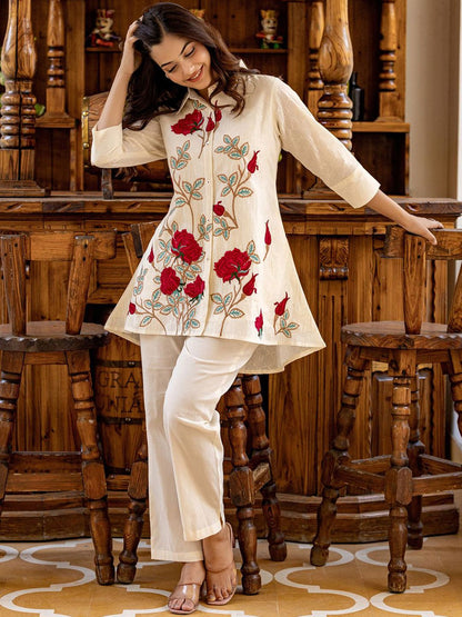 Dhiyona IE Floral Embroidered Thread Work Pure Cotton Shirt with Trousers