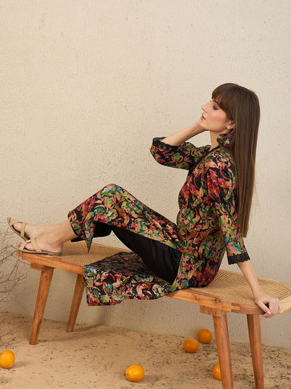 Floral Printed V-Neck Straight Kurta with Trousers