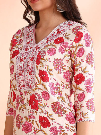 Dhiyona OD  Floral Printed Pure Cotton Straight Kurta with Trousers & Dupatta