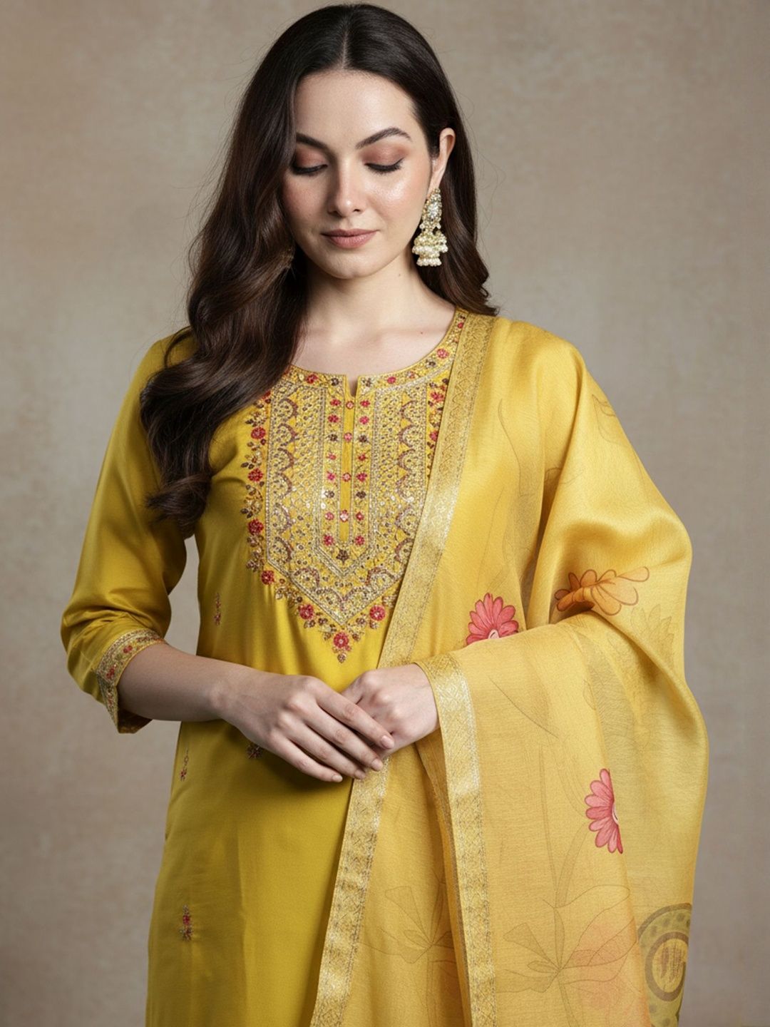 Floral Embroidered Thread Work Straight Kurta With Trousers & Dupatta