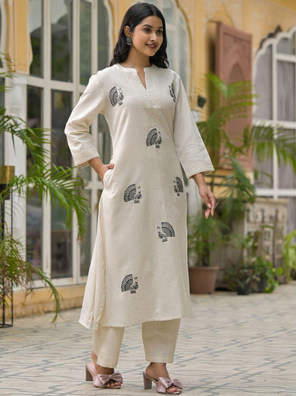 Animal Embroidered Regular Thread Work Pure Cotton Kurta With Palazzos