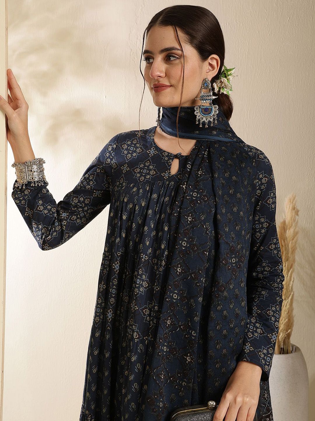 Dhiyona SN Women's Floral Printed Pure Cotton Key Hole-Neck Anarkali Kurta With Trouser & Dupatta