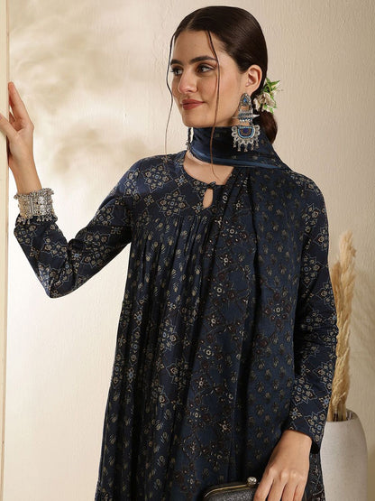 Dhiyona SN Women's Floral Printed Pure Cotton Key Hole-Neck Anarkali Kurta With Trouser & Dupatta