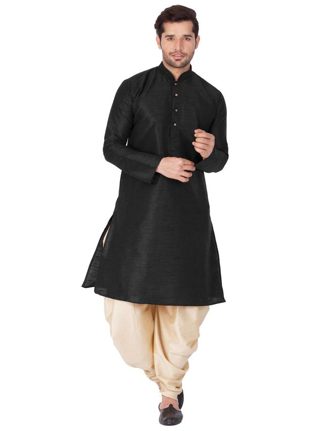 Men's Black Silk Blend Straight Kurta and Dhoti Set