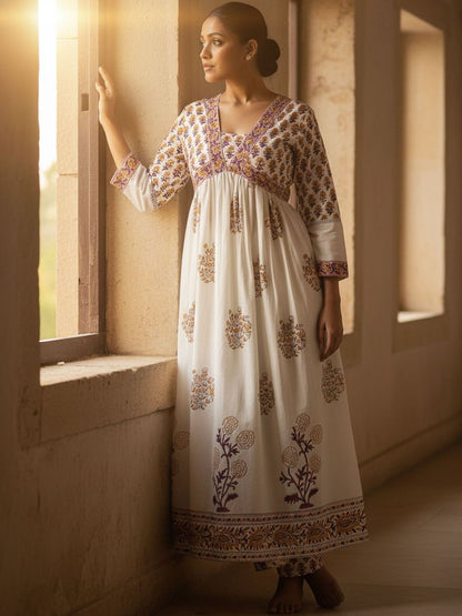 Ethnic Motifs Printed Empire Pure Cotton Anarkali Kurta With Trousers & Dupatta