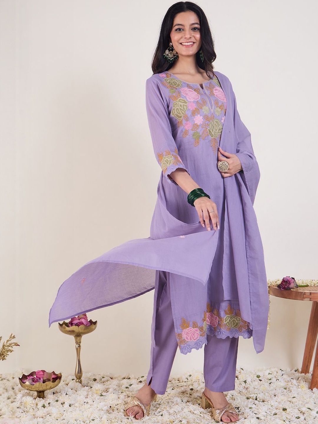 Floral Embroidered Notch Neck Pure Cotton Kurta & Trousers With Dupatta
