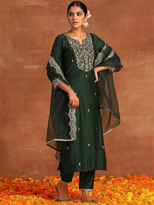 Dhiyona IE Ethnic Motifs Embroidered Straight Zari Liva Kurta with Trousers & Dupatta