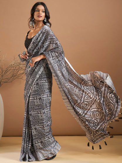 Women's Georgette Black Printed Designer Saree With Blouse Piece