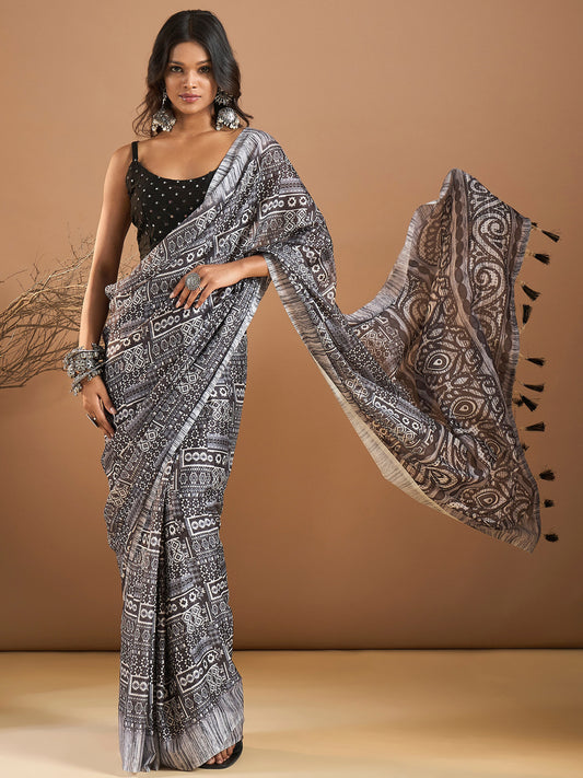Women's Georgette Black Printed Designer Saree With Blouse Piece