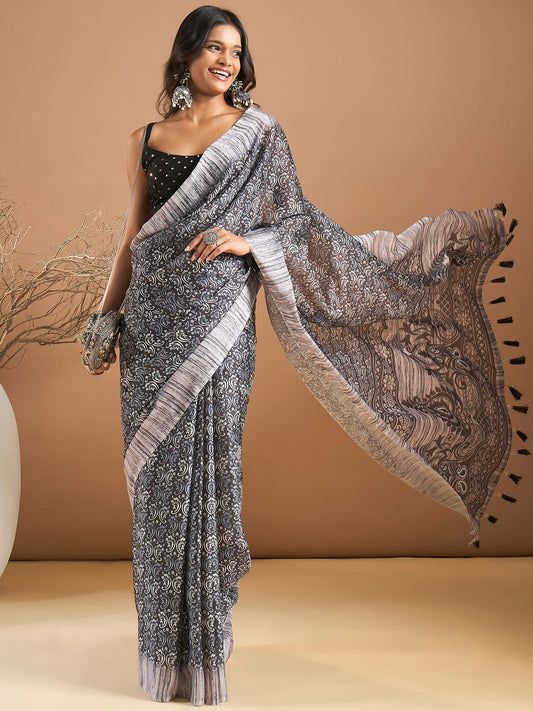 Women's Georgette Black Printed Designer Saree With Blouse Piece