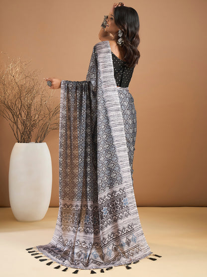 Women's Georgette Black Printed Designer Saree With Blouse Piece