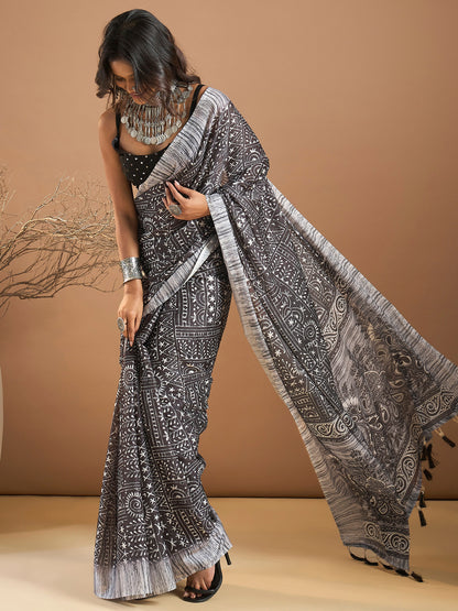 Women's Georgette Black Printed Designer Saree With Blouse Piece