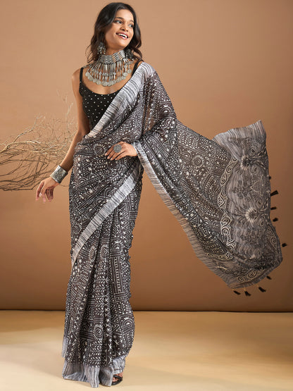 Women's Georgette Black Printed Designer Saree With Blouse Piece