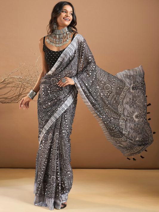 Women's Georgette Black Printed Designer Saree With Blouse Piece