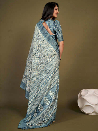 Women's Manipuri Silk Teal blue Printed Designer Saree With Blouse Piece