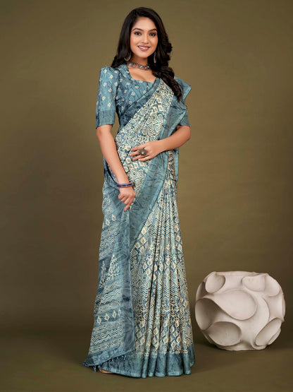 Women's Manipuri Silk Teal blue Printed Designer Saree With Blouse Piece