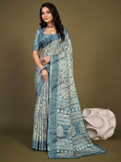 Women's Manipuri Silk Teal blue Printed Designer Saree With Blouse Piece