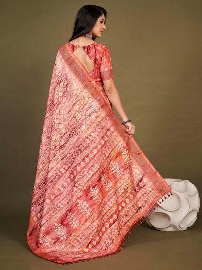 Women's Manipuri Silk Pink Printed Designer Saree With Blouse Piece