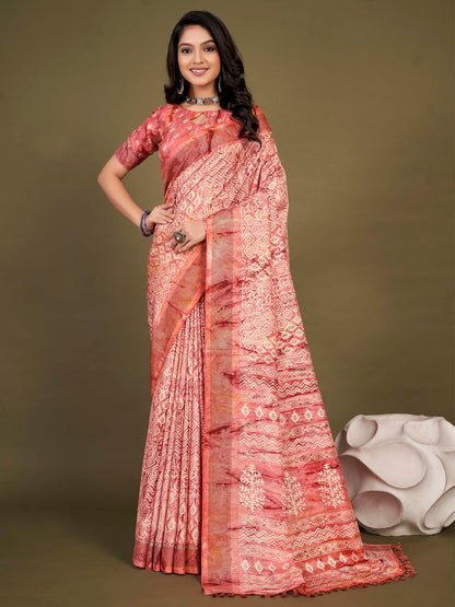 Women's Manipuri Silk Pink Printed Designer Saree With Blouse Piece