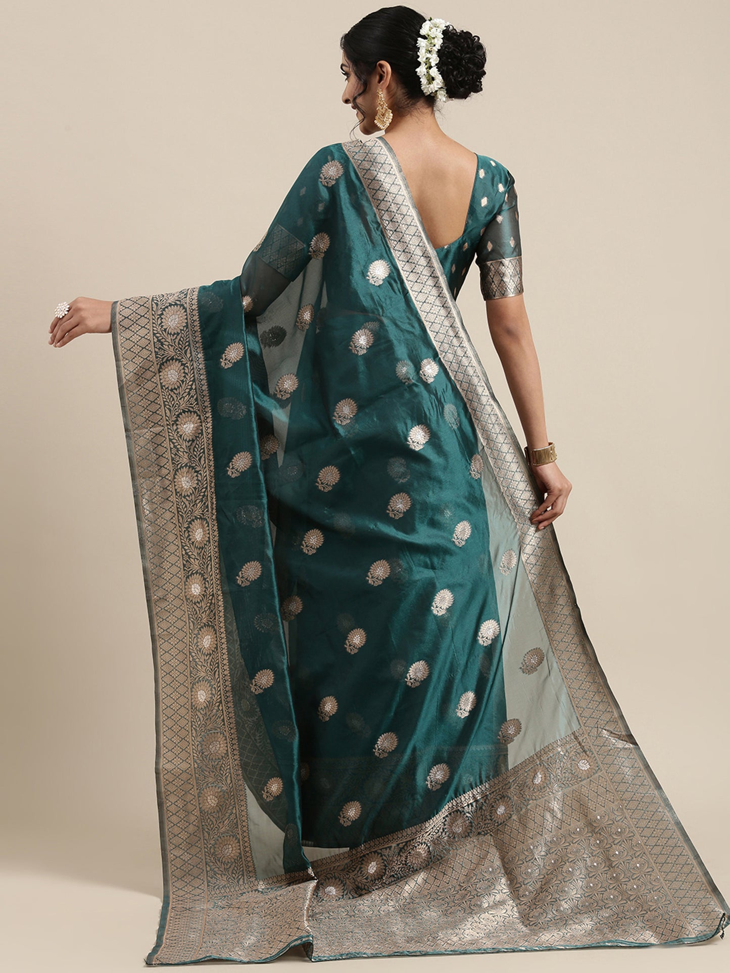 Women's Organza Teal blue Woven Design Celebrity Saree With Blouse Piece