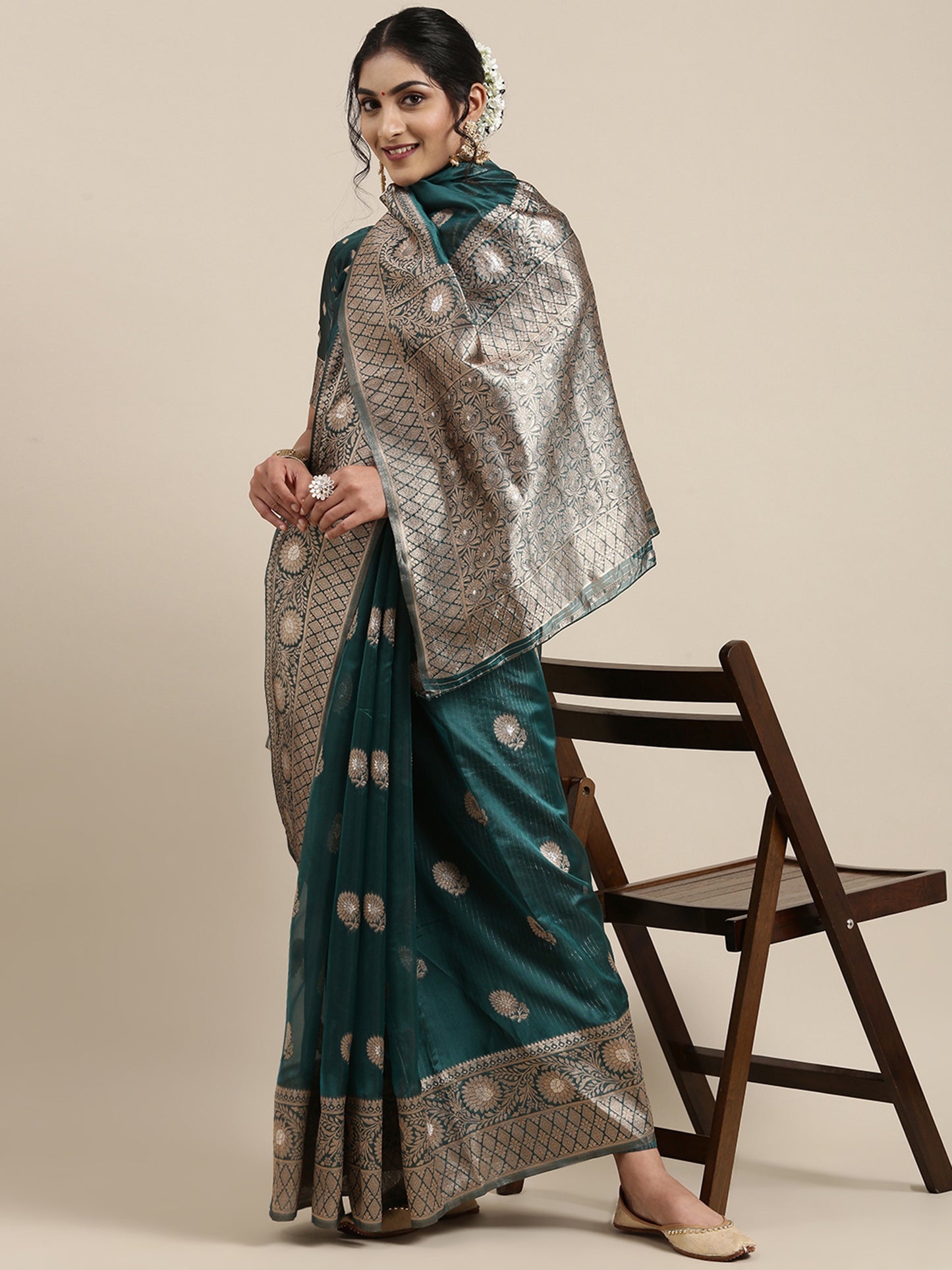 Women's Organza Teal blue Woven Design Celebrity Saree With Blouse Piece