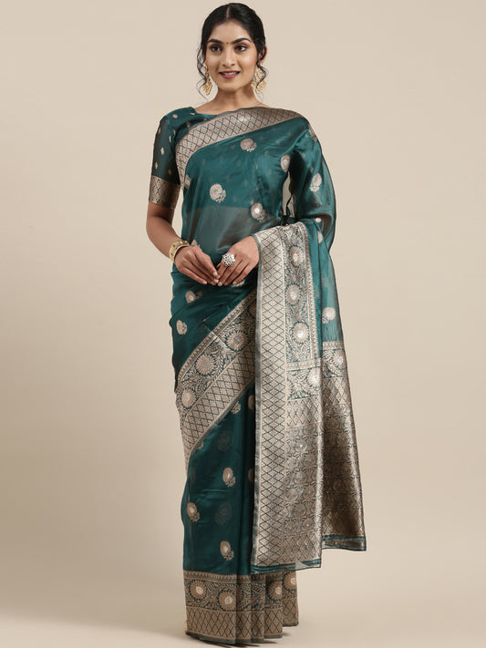 Women's Organza Teal blue Woven Design Celebrity Saree With Blouse Piece