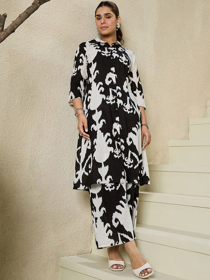 Dhiyona IE Abstract Printed Shirt Collar Pure Cotton A-Line Kurta With Trousers