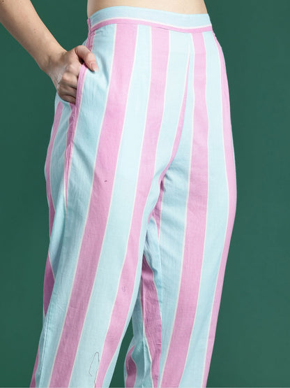 Dhiyona IE Indo era Printed Pure Cotton V Neck Top With Trousers Co-Ords Set