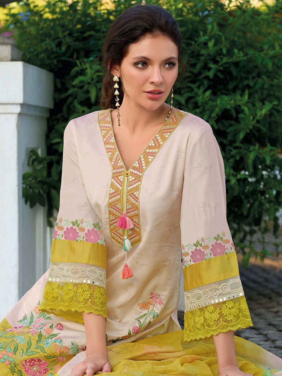 Floral Embroidered Mirror Work Straight Kurta With Trousers & Dupatta