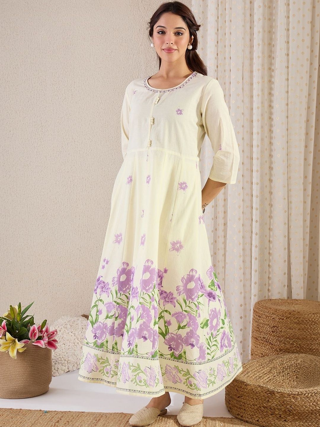 Women Floral Printed Empire Pure Cotton Kurta with Trousers & With Dupatta