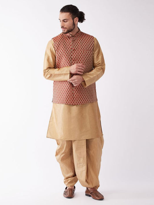 Men's Rose Gold Silk Blend Straight Jacket  Kurta and Dhoti Set