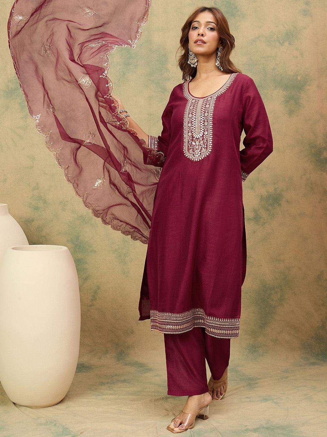 Dhiyona VA Women'sYoke Design Ethnic Motifs Straight Kurta With Trousers & Dupatta