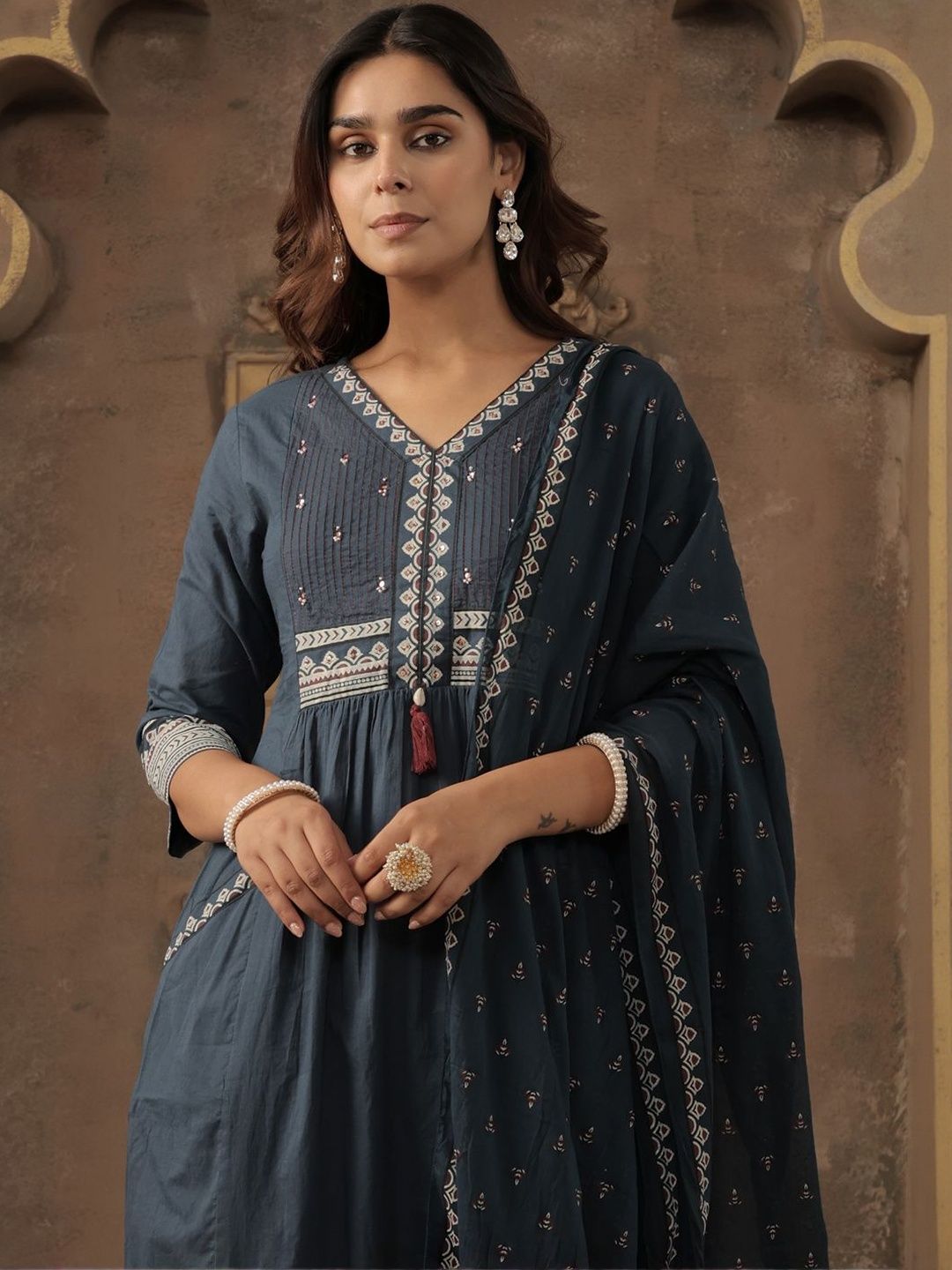 Dhiyona IE Women Ethnic Motifs Embroidered Cotton A-Line Kurta with Trousers & Dupatta