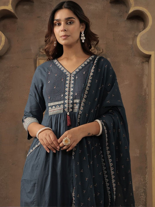 Women Ethnic Motifs Embroidered Cotton A-Line Kurta with Trousers & Dupatta