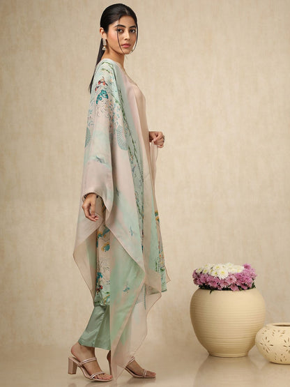 Dhiyona SO Women's Women Floral Printed Regular Beads and Stones Silk Crepe Kurta with Trousers & With Dupatta