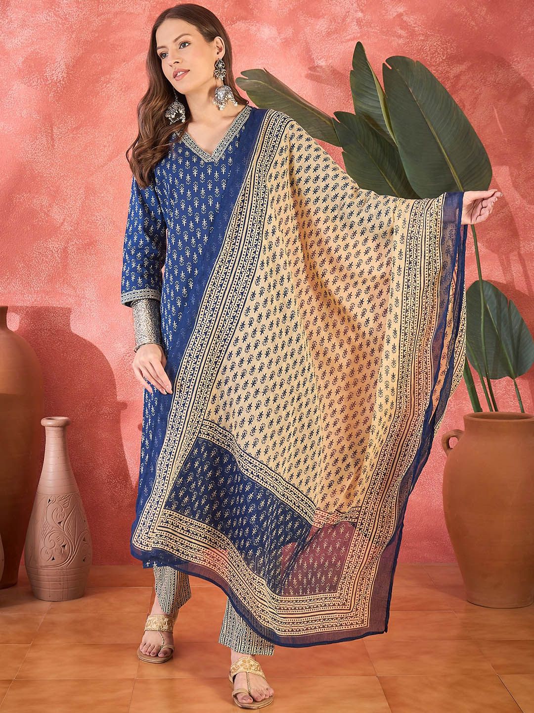 Dhiyona SN Women's Floral Printed V Neck Pure Cotton Kurta With Trousers & Dupatta