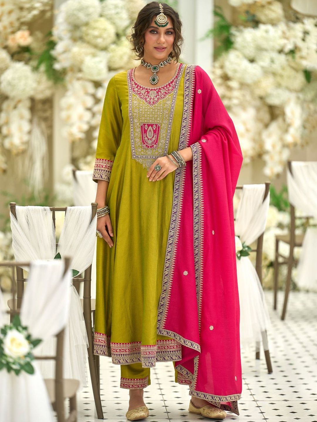 Dhiyona IE Motifs Yoke Design Notch Neck Sequinned Anarkali Kurta & Trousers With Dupatta