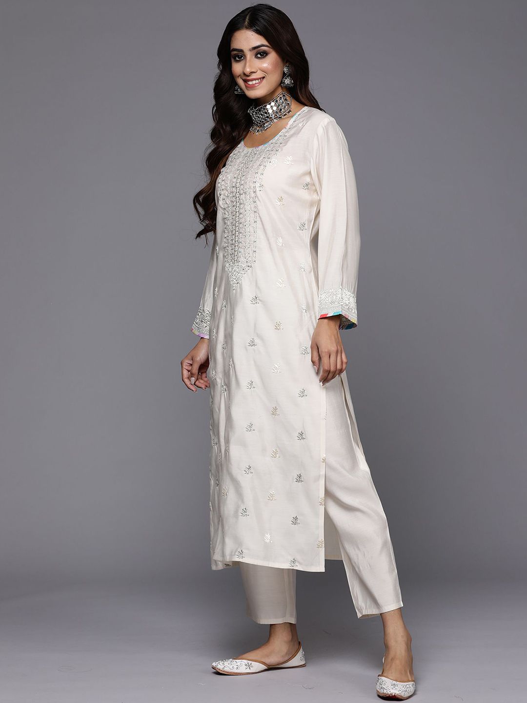 Cream-Coloured Embroidered Sequined Cotton Zari Kurta With Trousers & Dupatta
