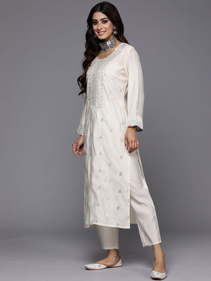 Cream-Coloured Embroidered Sequined Cotton Zari Kurta With Trousers & Dupatta