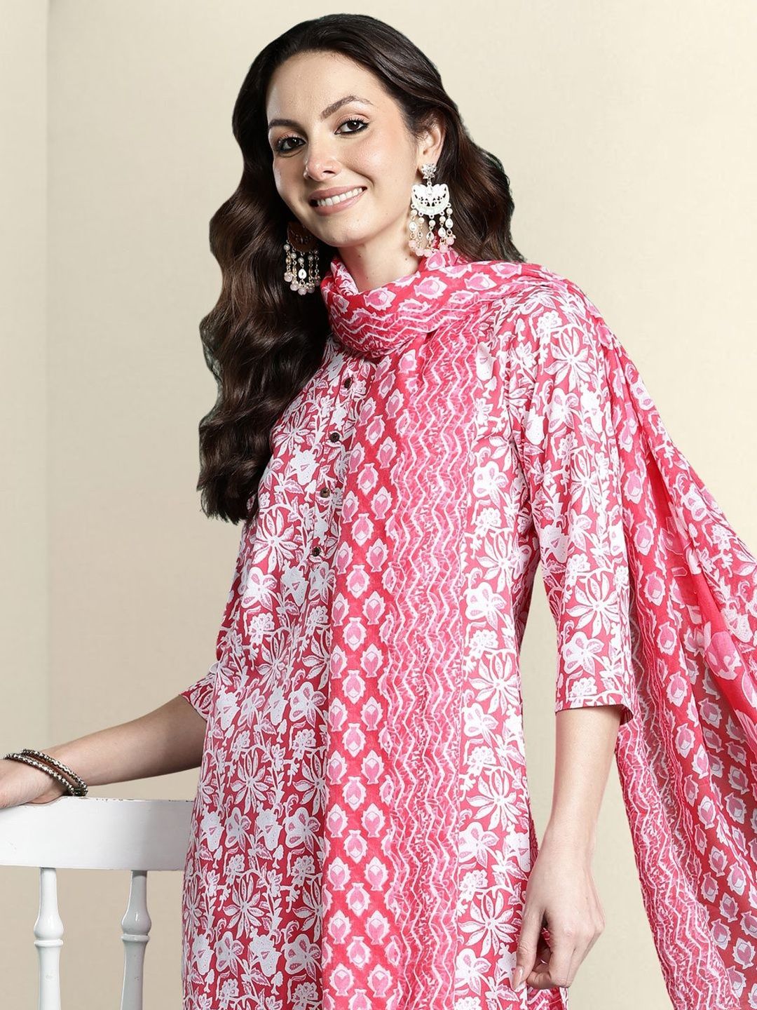 Women Floral Printed Regular Pure Cotton Kurta with Trousers & With Dupatta