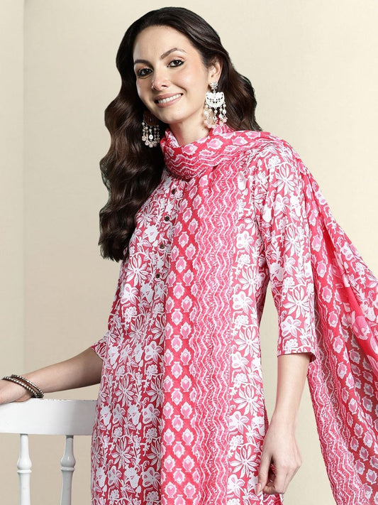 Women Floral Printed Regular Pure Cotton Kurta with Trousers & With Dupatta