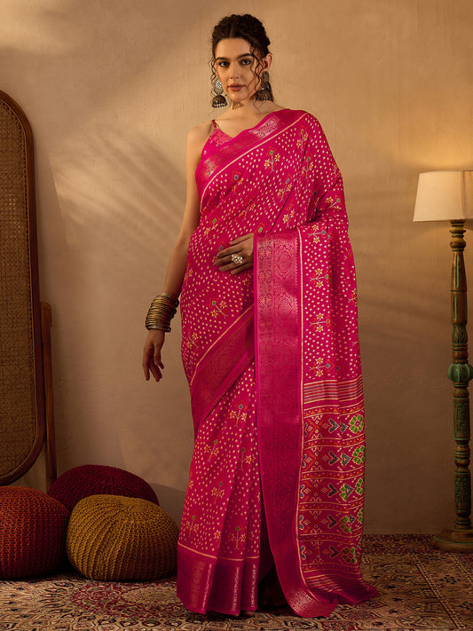Women's Silk Blend Pink Printed Designer Saree With Blouse Piece