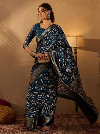 Women's Silk Blend Teal blue Printed Designer Saree With Blouse Piece