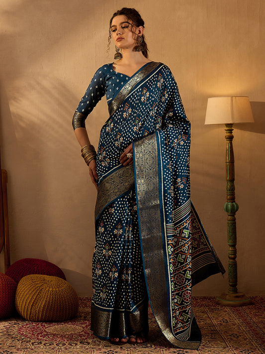 Women's Silk Blend Teal blue Printed Designer Saree With Blouse Piece